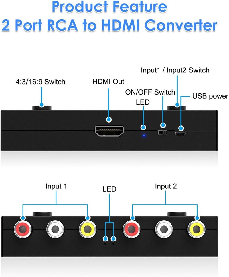 OseTub 2 Port RCA to HDMI Converter, Dual AV to HDMI Converter Supports 16:9/4:3 Composite to HD MI Adapter Support 1080P PAL/NTSC Compatible with Sega/Xbox/PS1/PS2/PS3/WII/N64/VHS, VCRs, and DVD Players - Image 3